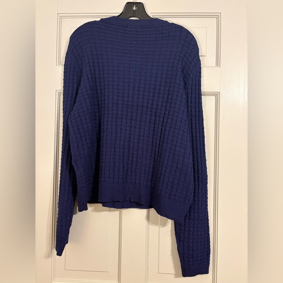 Large Navy Waffle Knit gold Button pockets Cardigan New England Coastal vibe - Picture 3 of 5